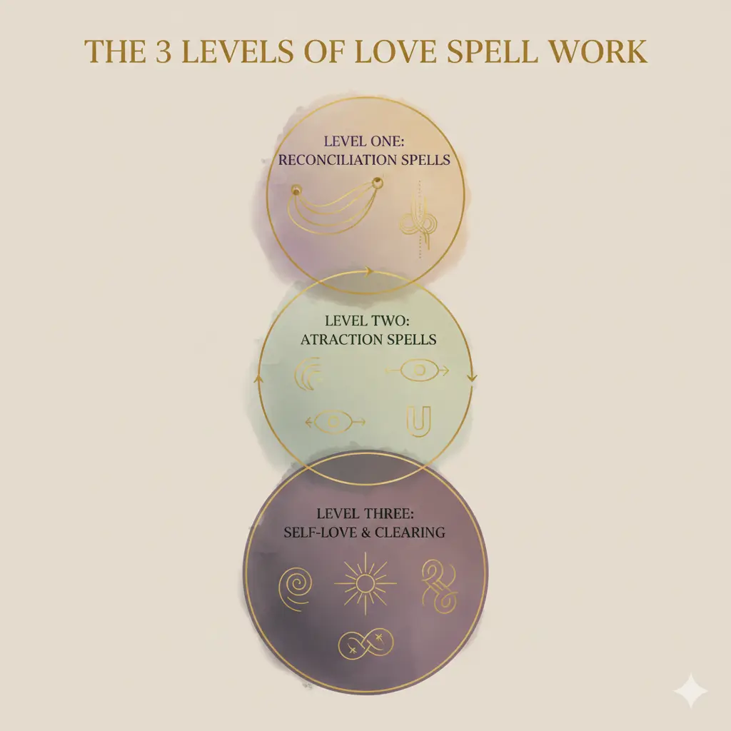 Infographic showing the three levels of love spell work: self-love and clearing, attraction spells, and reconciliation spells.
