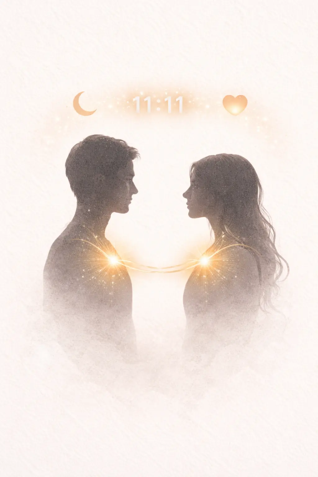 Illustration showing energetic connection between two people with golden heart thread, synchronized symbols including moon, 11:11, and heart representing telepathic signs