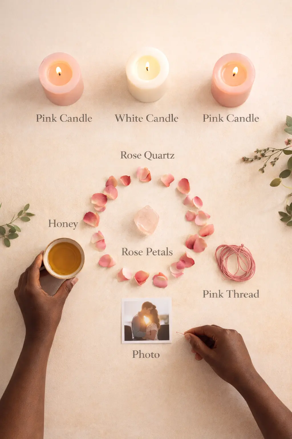 Love spell energy flow infographic showing manifestation stages from internal energy shift to physical relationship with meditation silhouettes and sacred geometry