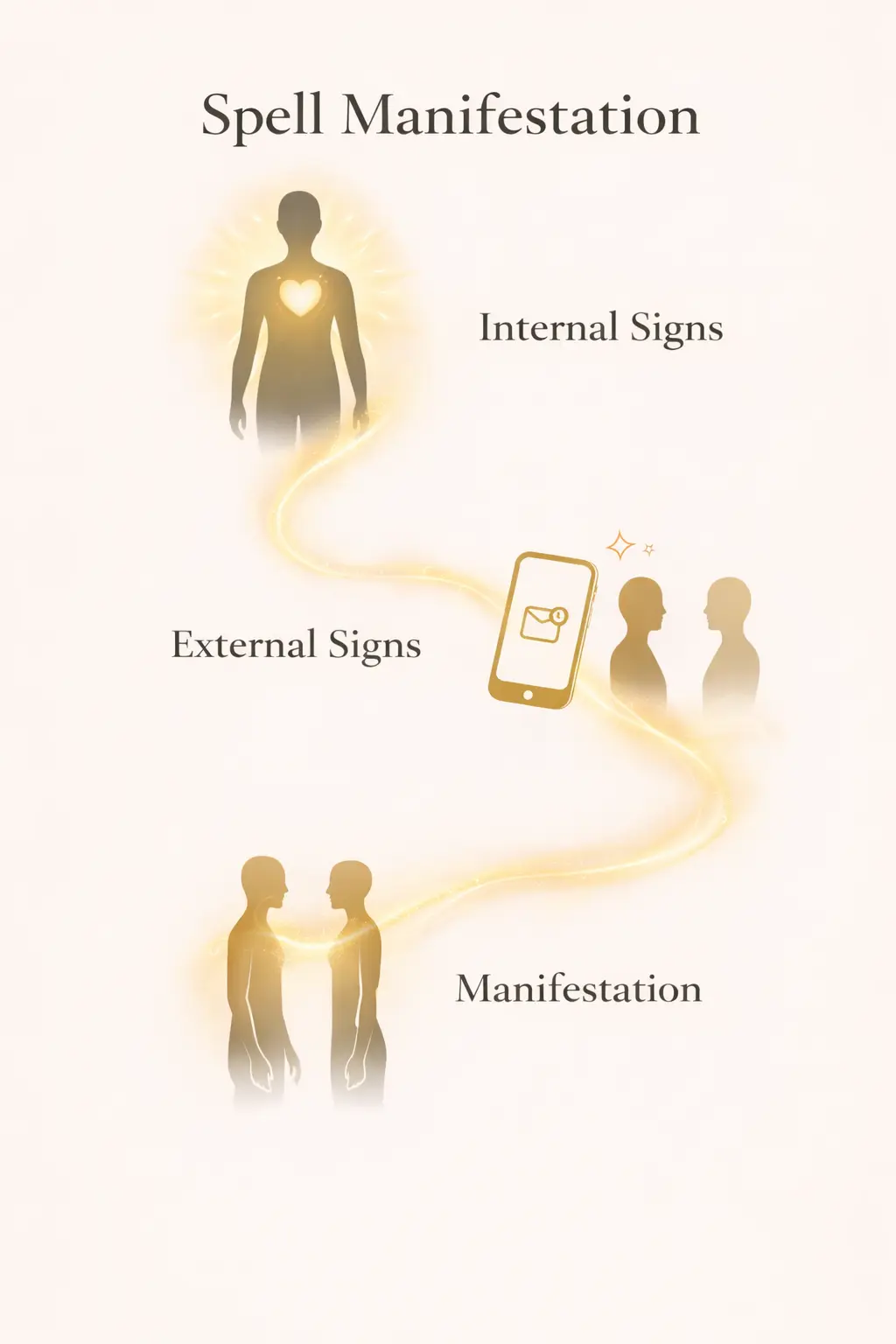 Love spell energy flow infographic showing manifestation stages from internal energy shift to physical relationship with meditation silhouettes and sacred geometry