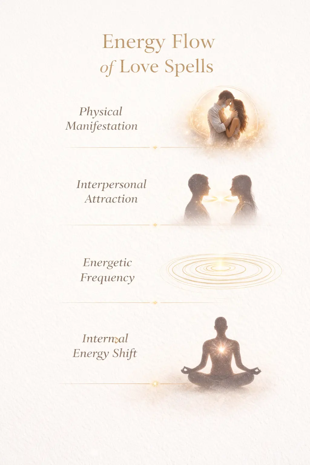 Love spell energy flow infographic showing manifestation stages from internal energy shift to physical relationship with meditation silhouettes and sacred geometry