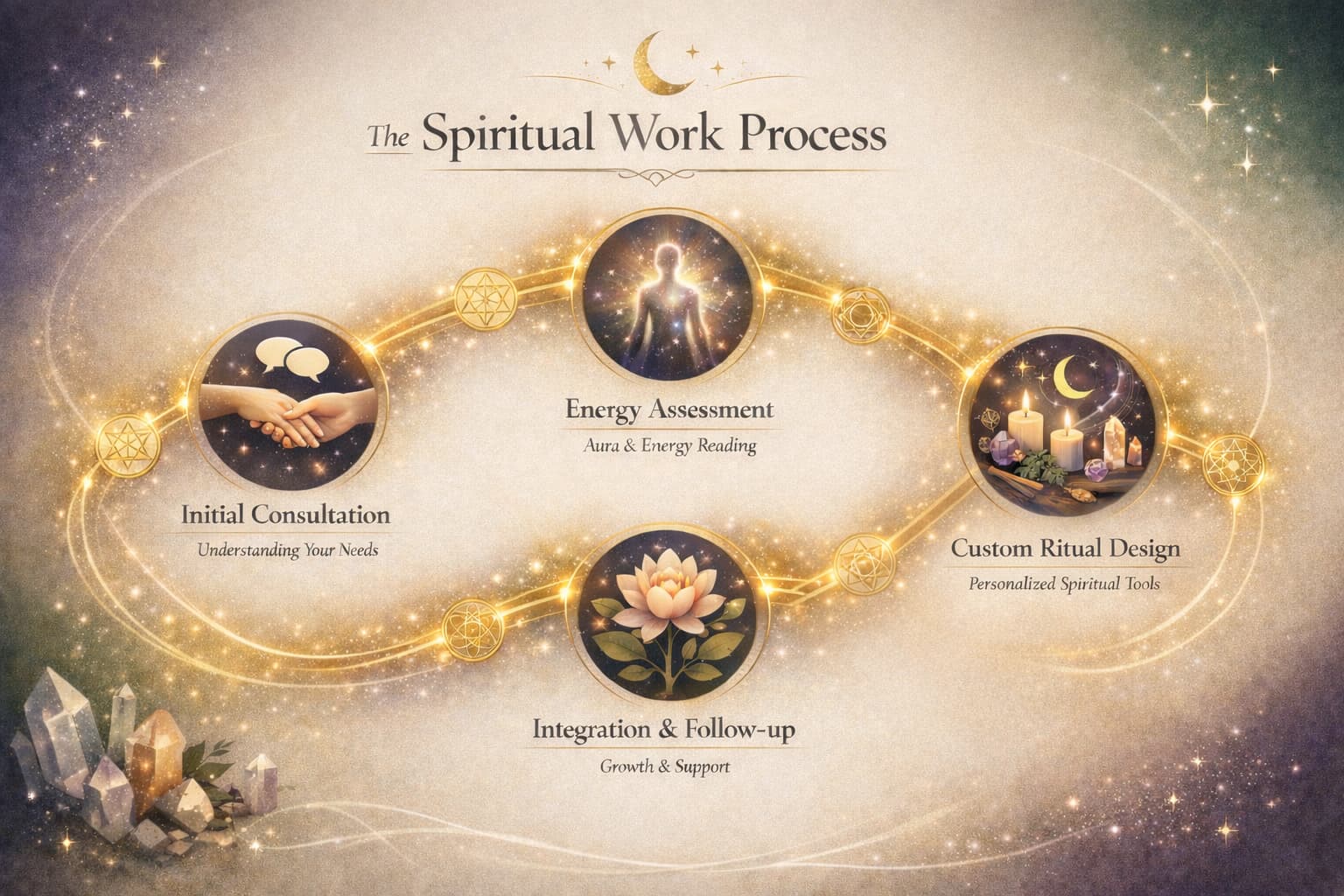 The Spiritual Work Process showing the journey from initial consultation through energy assessment, custom ritual design, and integration follow-up